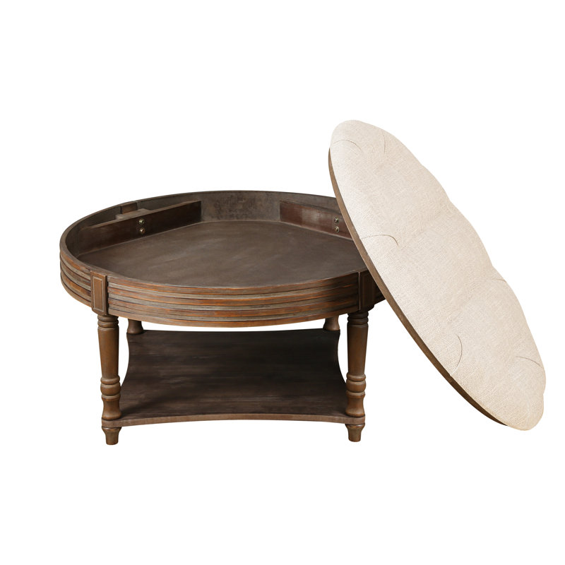 Grande table basse ronde avec repose-pieds imperméable avec rangement en bois, Beige