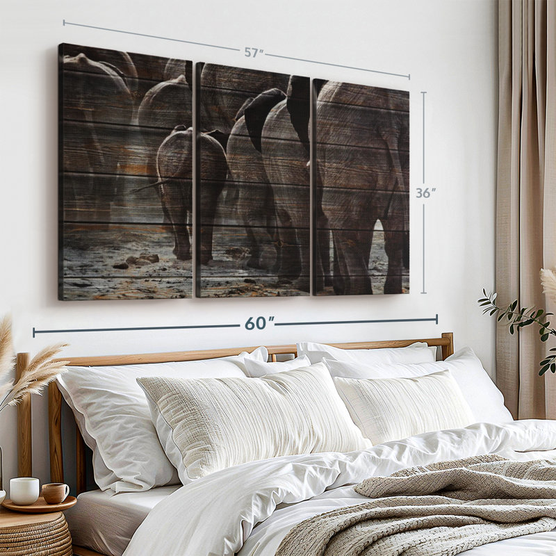 «Wooden Textured Elephants» sur toile, H 36 po x l 57 po x P 1,25 po