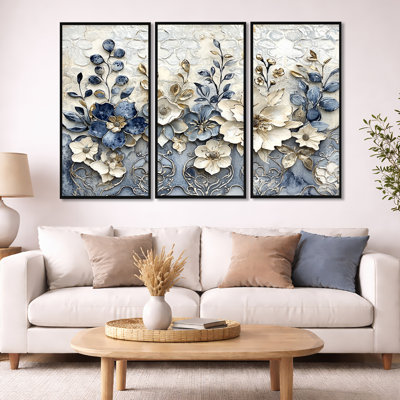 White And Blue Floral Abstract Tiles II - Flowers Wall Art Set
