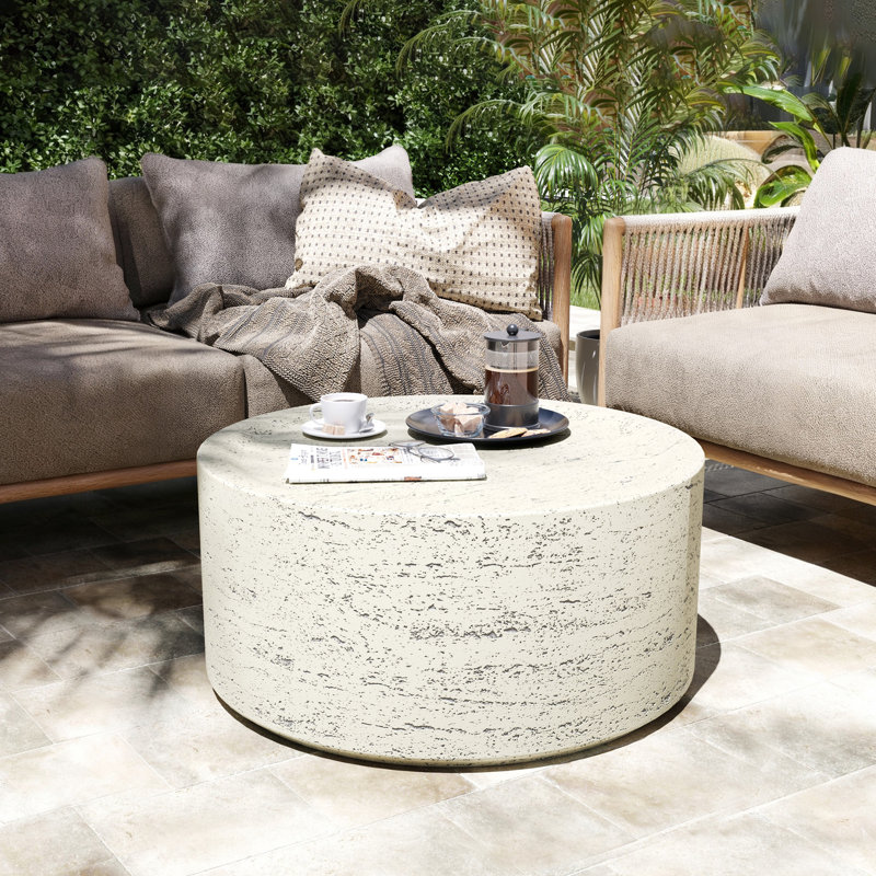 28'' Magnesium Oxide Outdoor Coffee Table with Natural Stone Textured Surface, Round, Off-white, Off-White