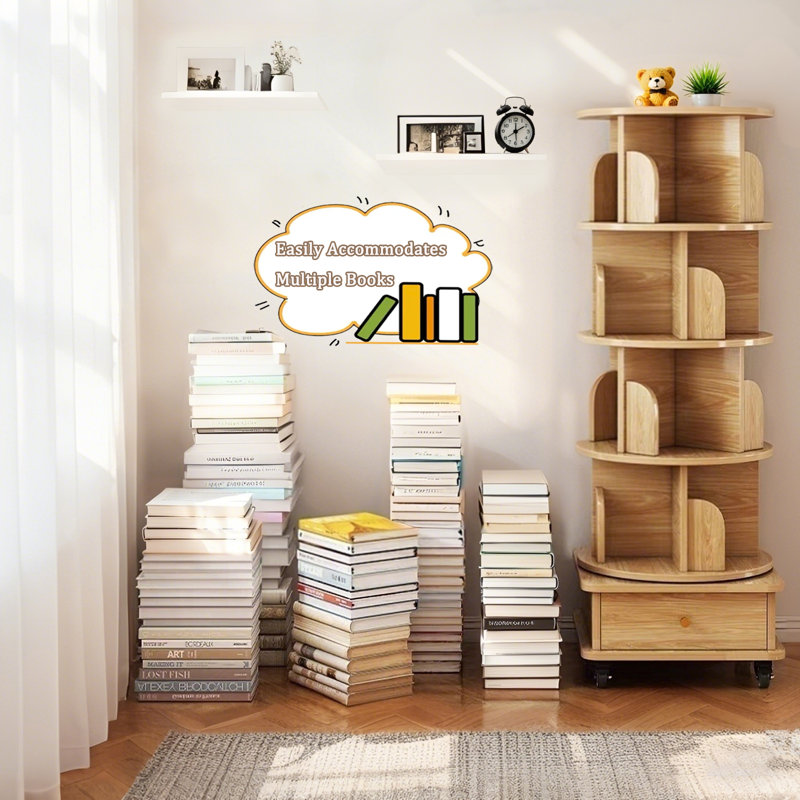 5 Tier Rotating Bookshelf, 360° Display Round Spinning Bookshelf With Wheels