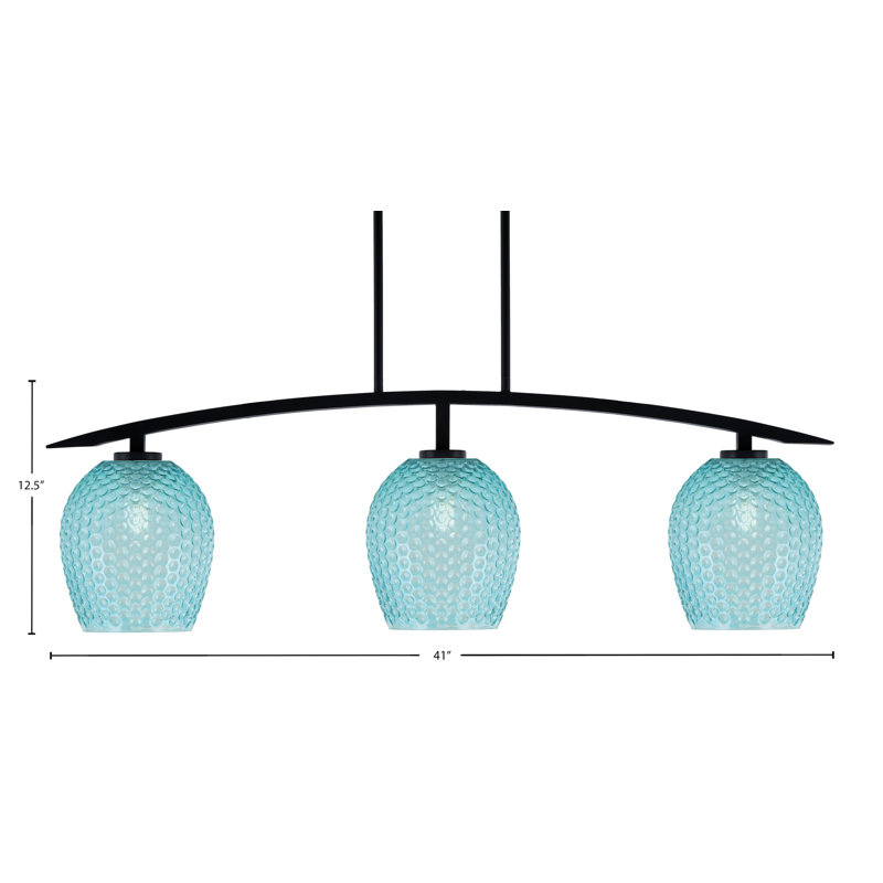 Luminaire insulaire 3 lumières kurve au fini noir mat avec verre texturé turquoise 7,5 po