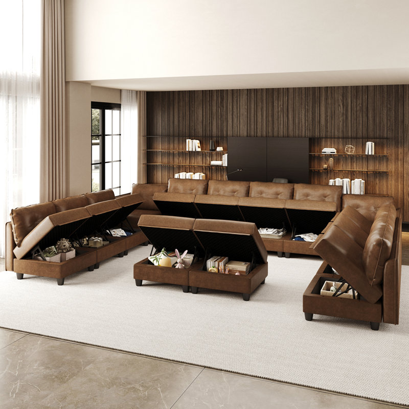 Modular Sectional Sofa With Storage, Modern Brown Faux Leather, Reversible Chaise, U Shaped Couch For Living Room, Waterproof & Easy Clean, 12 Seats With 2 Ottomans
