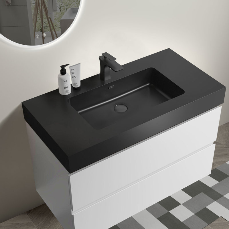 Meuble-lavabo de salle de bain flottant mural, Blanc, Noir, 36"