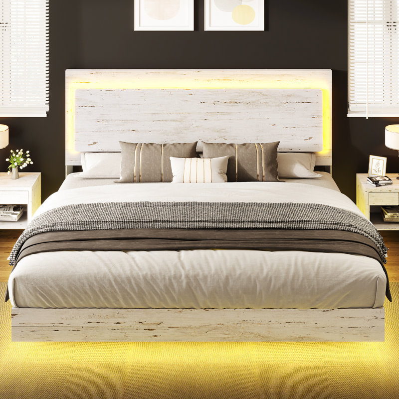 Queen White Distressed Wood Floating Bed with LED Light