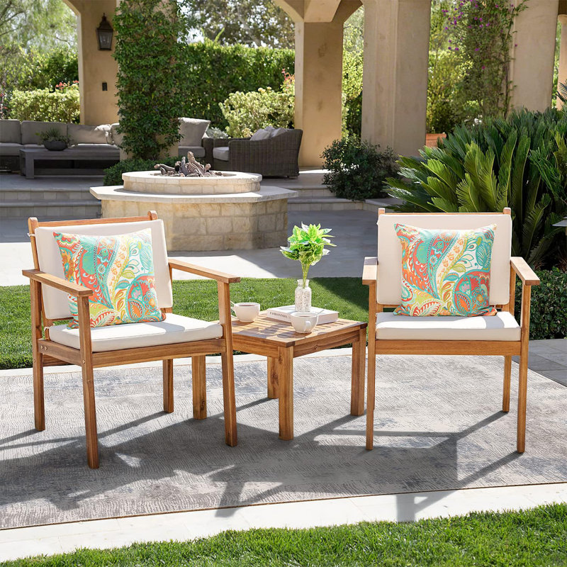 Ensemble 3 pièces de chaises de bistro d'extérieur avec coussins résistants à l'eau et table basse pour jardin sur la plage, blanc