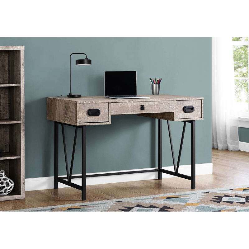 Bureau d'ordinateur pour bureau à domicile, 122 cm (48 po), fini stratifié taupe, base en métal noir, tiroirs de rangement, longueur 122 cm (48 po), stratifié, métal.