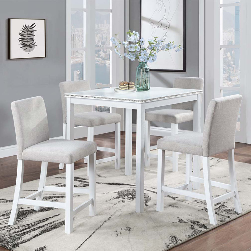 Ensemble de table 5 pièces à hauteur de comptoir, Blanc, Gris clair, Blanc