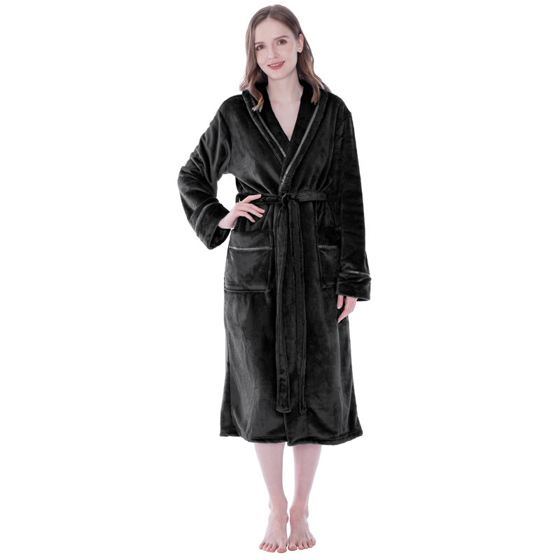 Peignoir mi-mollet en molleton avec poches, Noir, 2TG