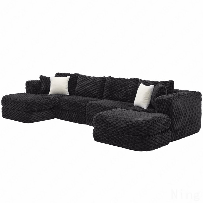 Modular Sectional Sofa 135.4" Boneless Sofa Couch Cozy Sectional Couch With Two Movable Ottomans For Living Room, Black