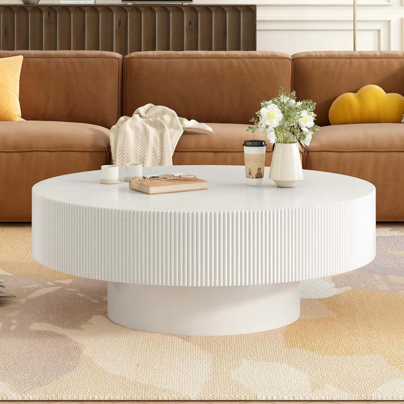 Modern Minimalist Round Coffee Table | 6.8'' Thick Fluted Tabletop | Sturdy Base | Easy Assembly for Living Room, White