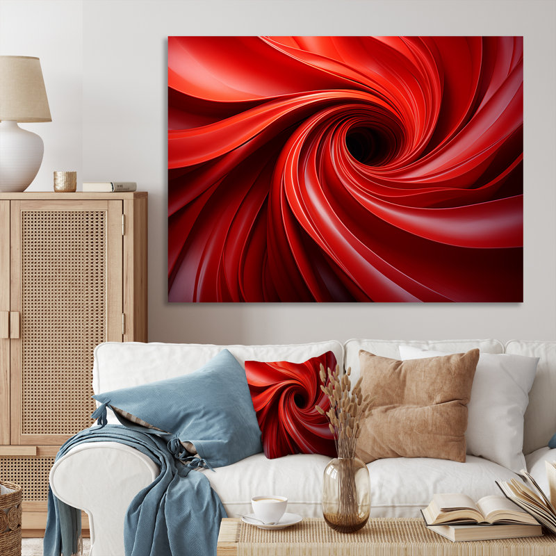 «Red Abstract Spiral Dreamscape IV», art mural abstrait en spirale, H 12 po x l 20 po x P 1 po, Toile tendue