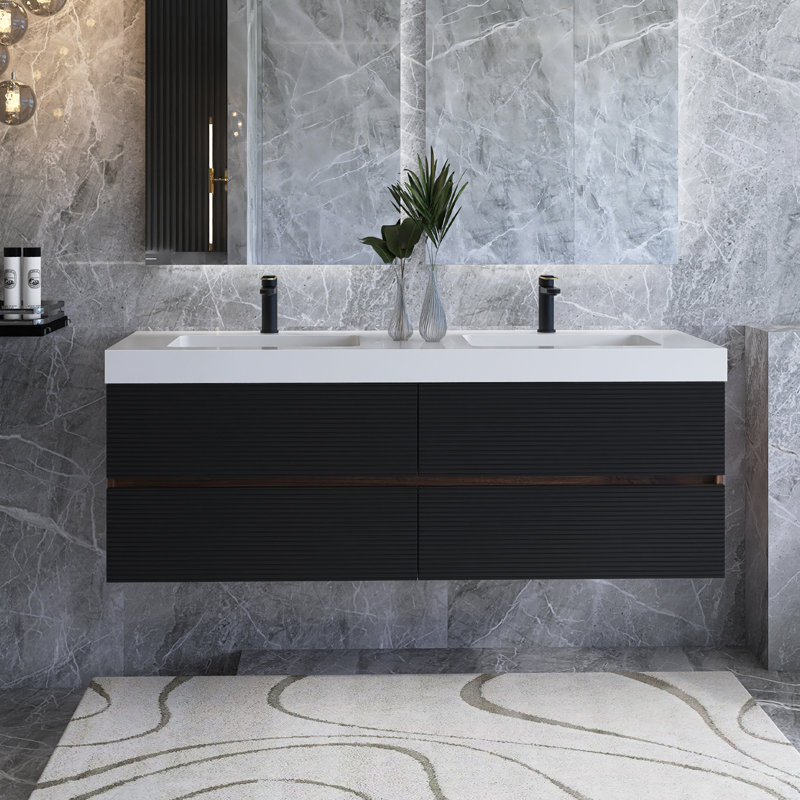Meuble-lavabo mural moderne avec lavabo à surface solide et tiroirs, Blanc, 59"