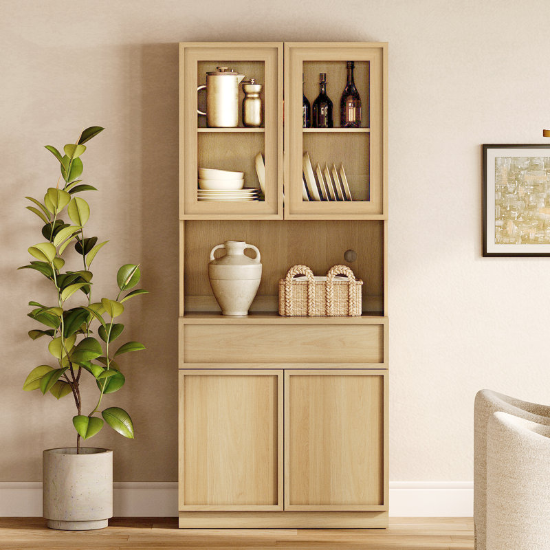 Buffet de 31,5 po de largeur avec portes en verre, tiroirs et tablettes réglables, armoire de rangement en verre de 72 po de hauteur pour la cuisine de la salle à manger
