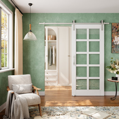 Porte de grange coulissante en verre transparent moderne apprêté blanc et 10 Lite avec trousse de quincaillerie d'installation nickelée / aucun assemblage requis