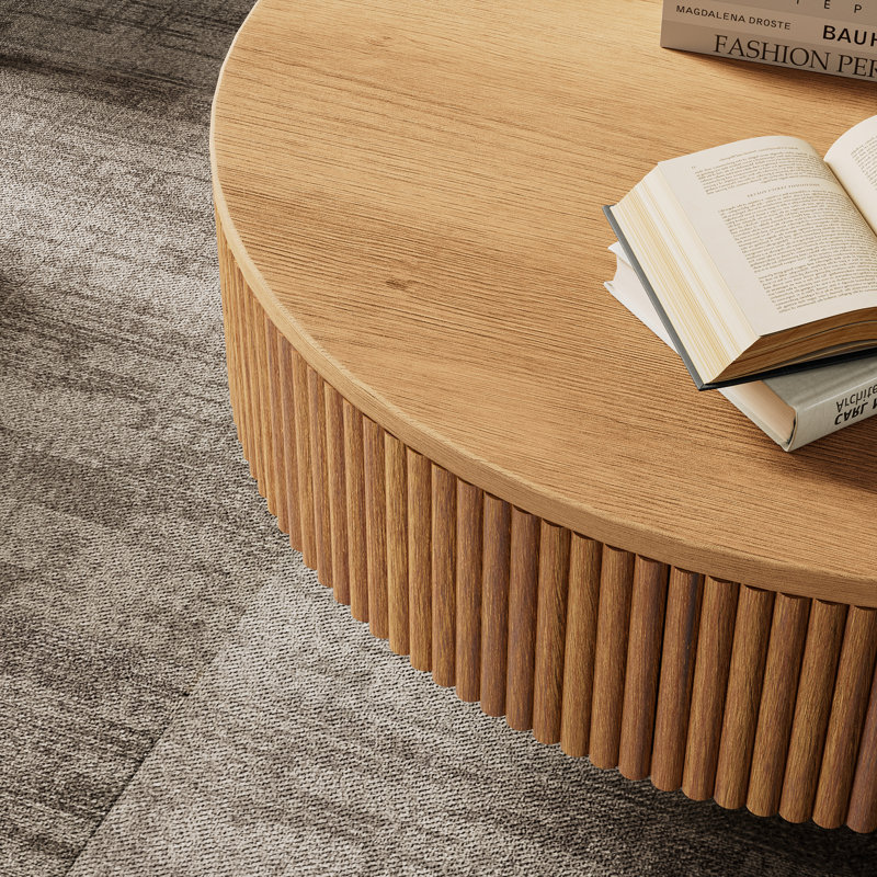 35" wide solid oak circular coffee table with solid wood and wax wood design., Brun, Brun
