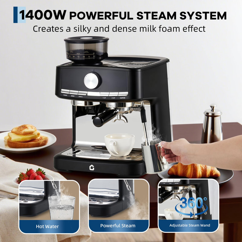 20 Bar Pressure Stainless Steel Espresso Machine with Grinder, 1.5L Removable Water Tank, Milk Frother Steam Wand for Latte/Cappuccino - Adjustable Shot Volume, Professional Home/Office Use