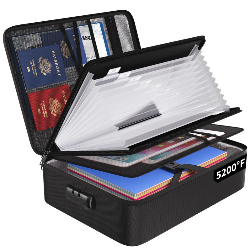 5200℉ Fireproof File Organizer Bag With 13 Pocket Accordion File Folder,Document Organizer Box With Lock&Labels,Multi-Layer Portable Home Travel Safe Storage Box For Important Documents - Black