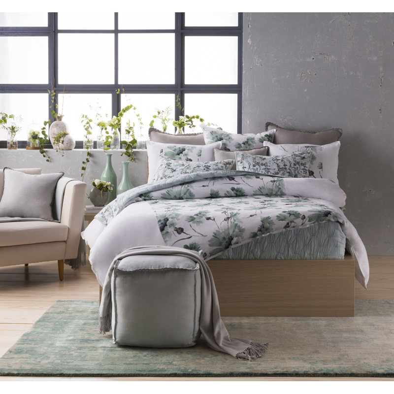 Gardenia Floral Duvet Cover, White/Charcoal/Light Gray/Dark Green, King