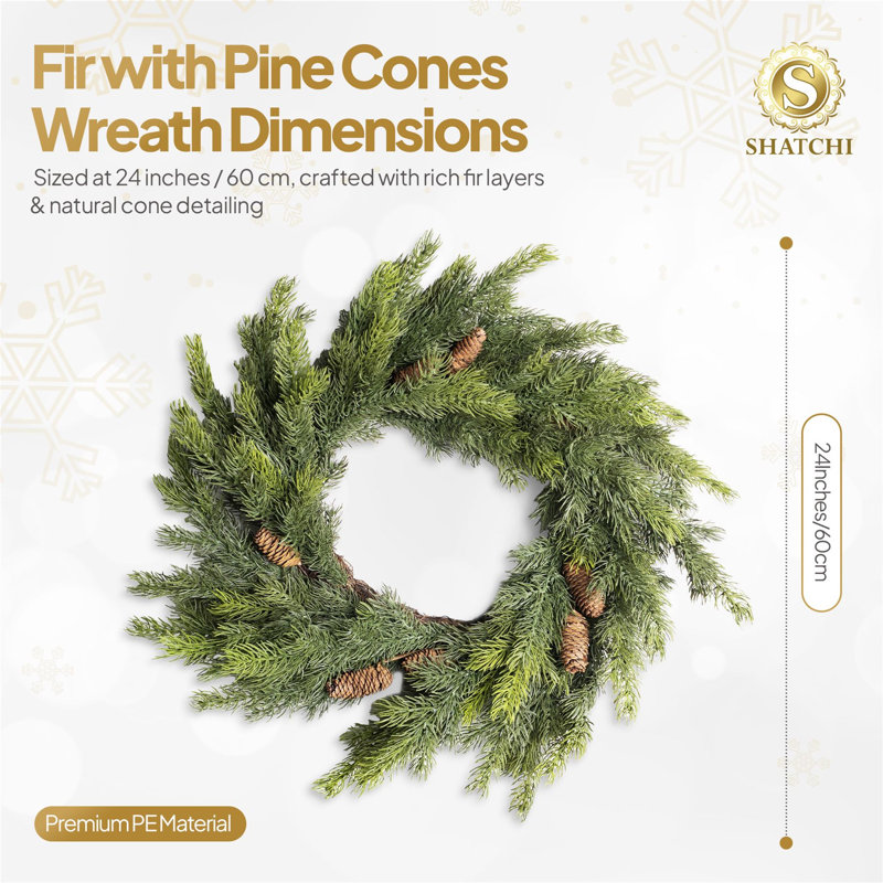 Green Fir Artificial Christmas Wreath with Pine Cones, Realistic PE Finish for Indoor or Sheltered Outdoor Display