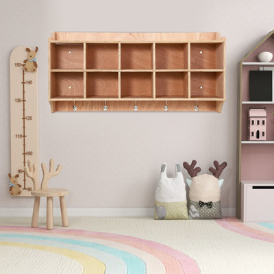 47 Inch Wall Mounted Wooden Storage Organizer with 10 Cubbies, 5 Hooks & Shelf, Kids Cubby Cabinet for Classroom Daycare Kindergarten
