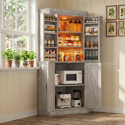 Garde-manger d'angle 71 po gris | Rangement de cuisine à 4 portes de style campagnard