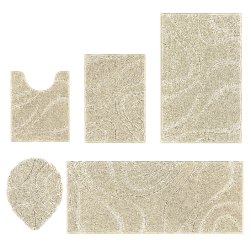 5 Piece Soft Absorbent Microfiber Bath Rug Set with Non-Slip Backing, Light Beige