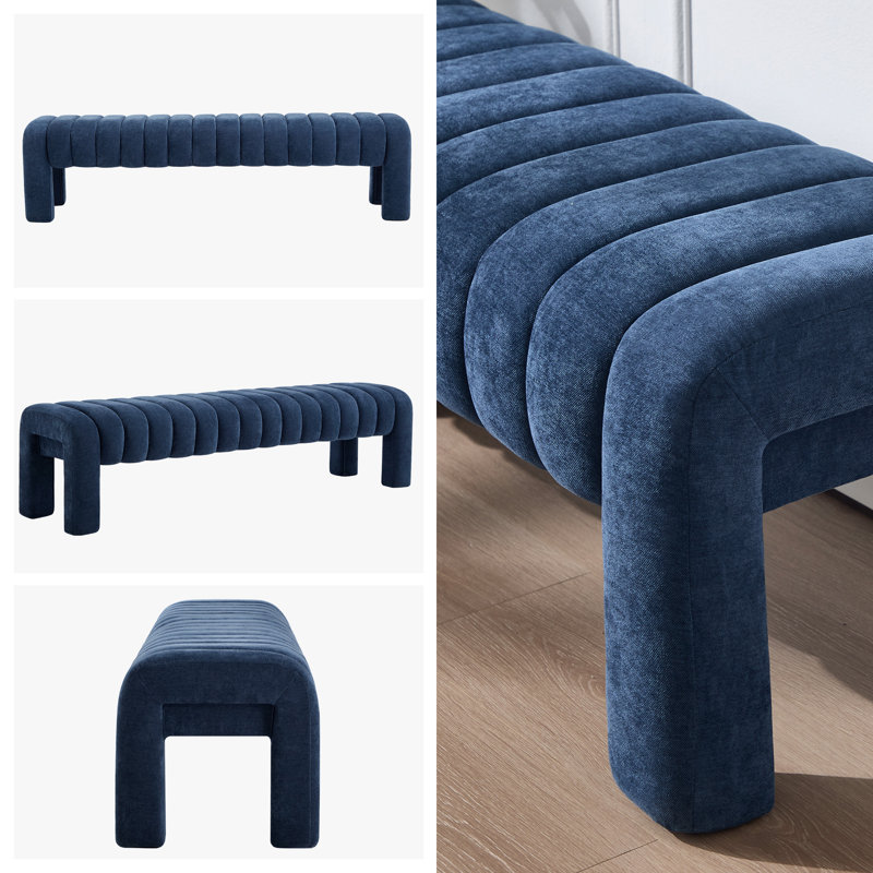 Banc rembourré sans dossier Oyan, H 17 po x l 63 po x P 17,3 po, Chenille bleu