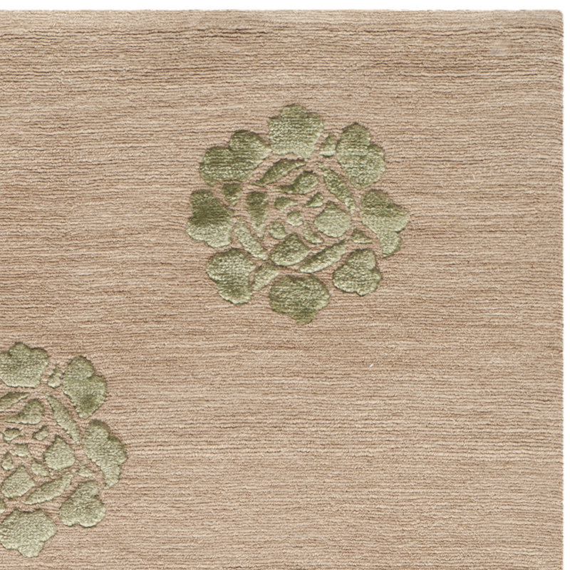Tapis floral en laine / soie noué à la main brun clair / vert clair, Rectangle 8 pi 6 po x 11 pi 6 po