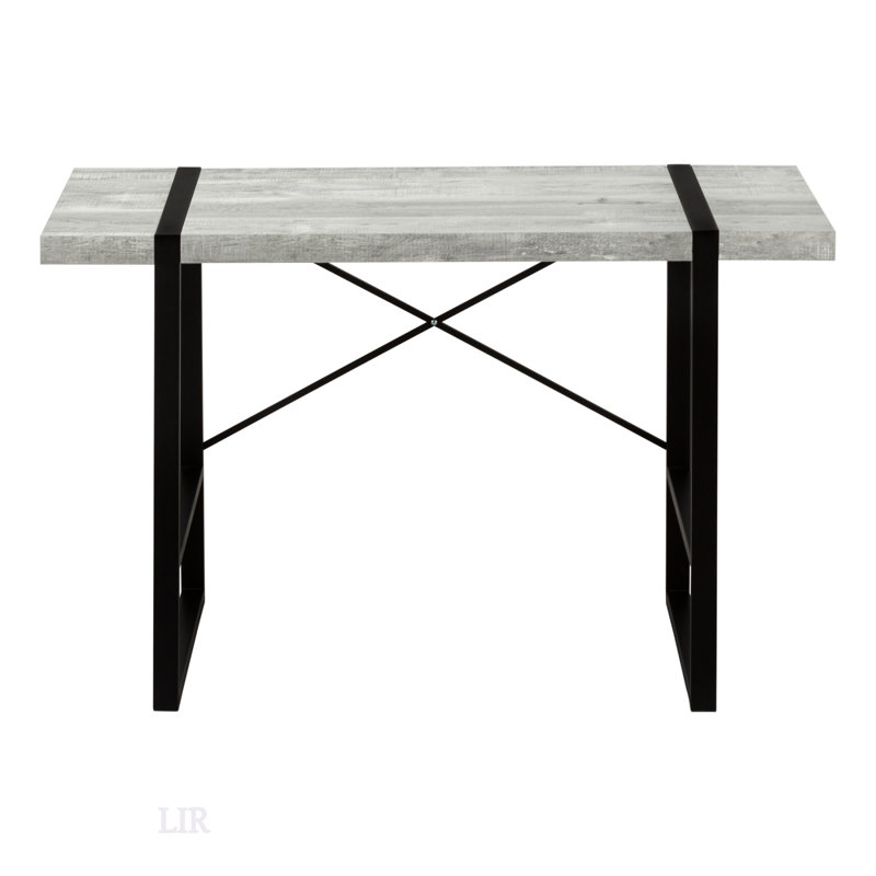 Modern Industrial Computer Desk With Thick-Panel Grey Reclaimed Wood-Look, Robust Black Metal Legs, And X-Shaped Support For Home Office Use