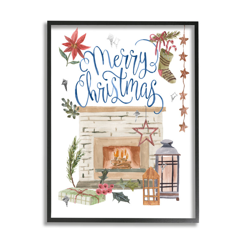 «Warm Winter Fireplace Christmas Holly Motif Sentiment», estampe numérique encadrée de Melissa Wang