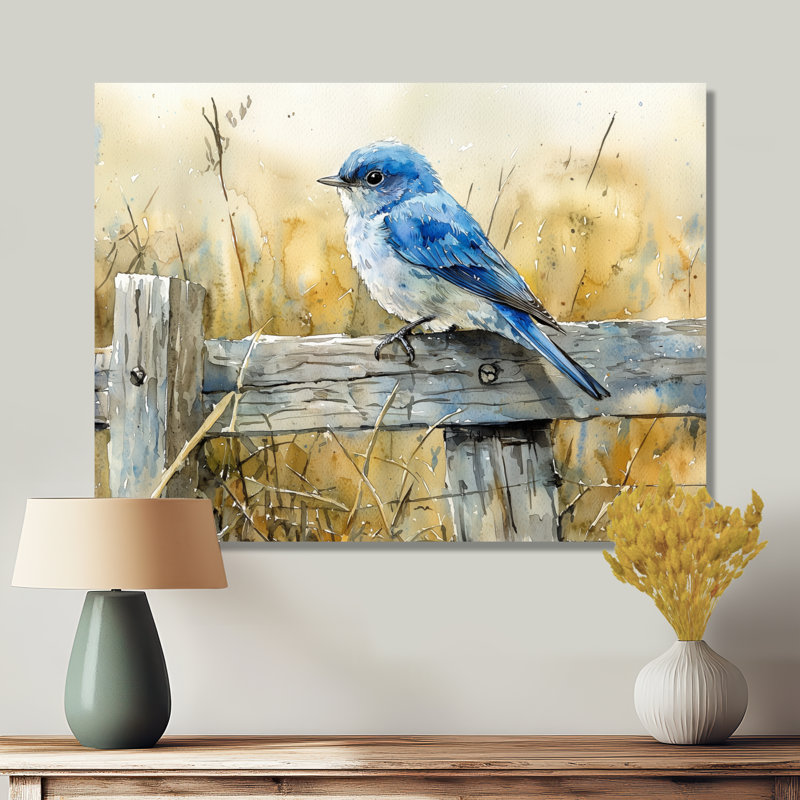 «Bluebird On The Farm Fence II», impression d'art mural en métal moderne, H 16 po x l 32 po