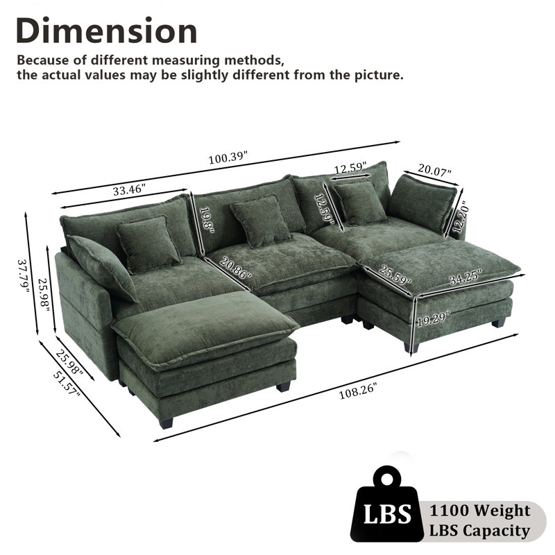 U-Shaped Modern Cloud Couch Modular Sectional - 3-Seat Chenille Deep Seat Sofa with 2 Ottoman & 4 Pillows for Living Room, Bedroom, Apartment