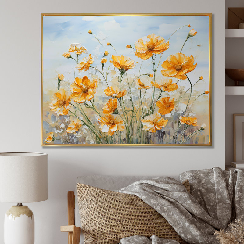 Charme de souci jaune discret II sur toile, Cadre flottant doré, H 34 po x l 44 po x P 1,5 po
