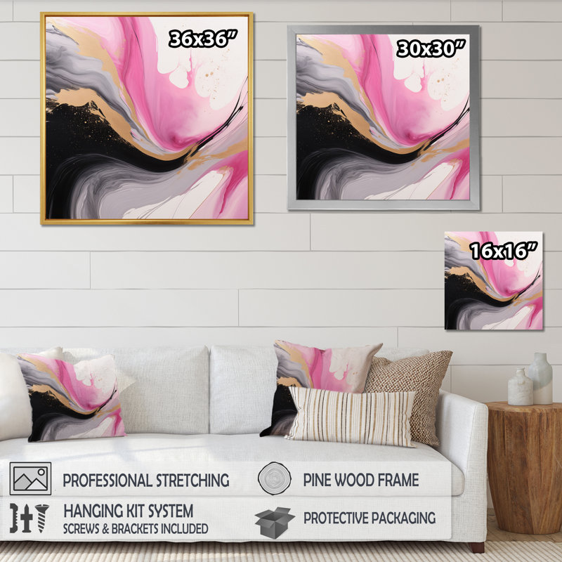 «Wild Promises Abstract Gold Wave» rose et noir - reproduction sur toile, H 30 po x l 30 po x P 1 po, Cadre simple argenté