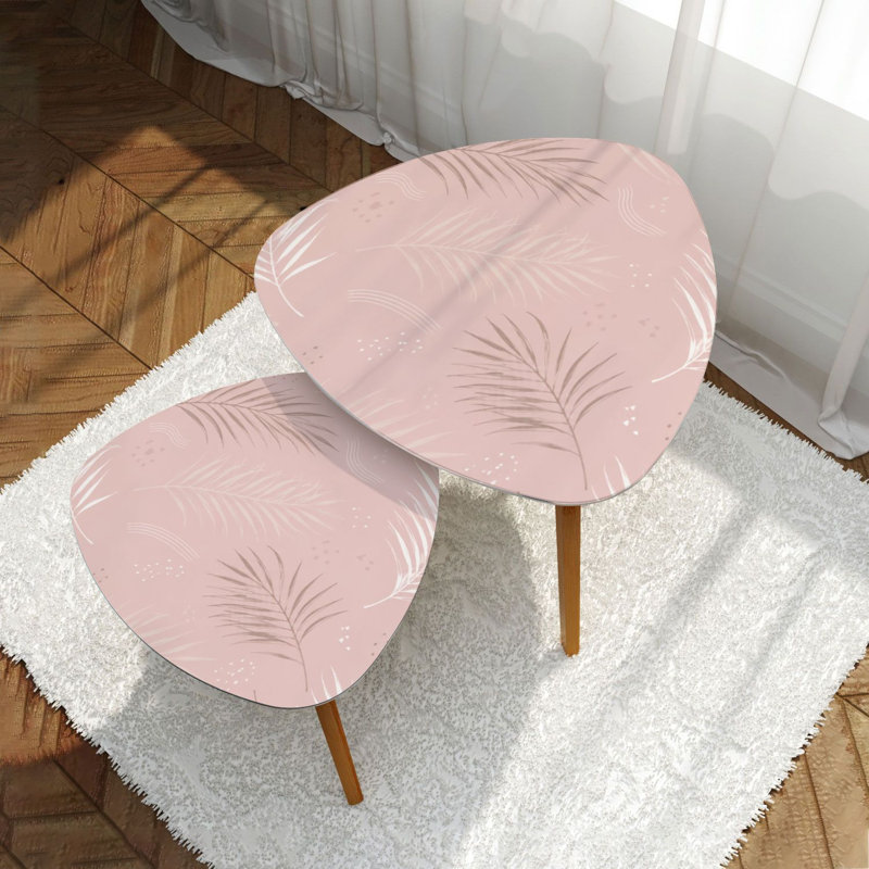 Ensemble de 2 tables basses gigognes triangulaires, feuillage tropical, rose, rosé, feuilles de palmier, art de la table