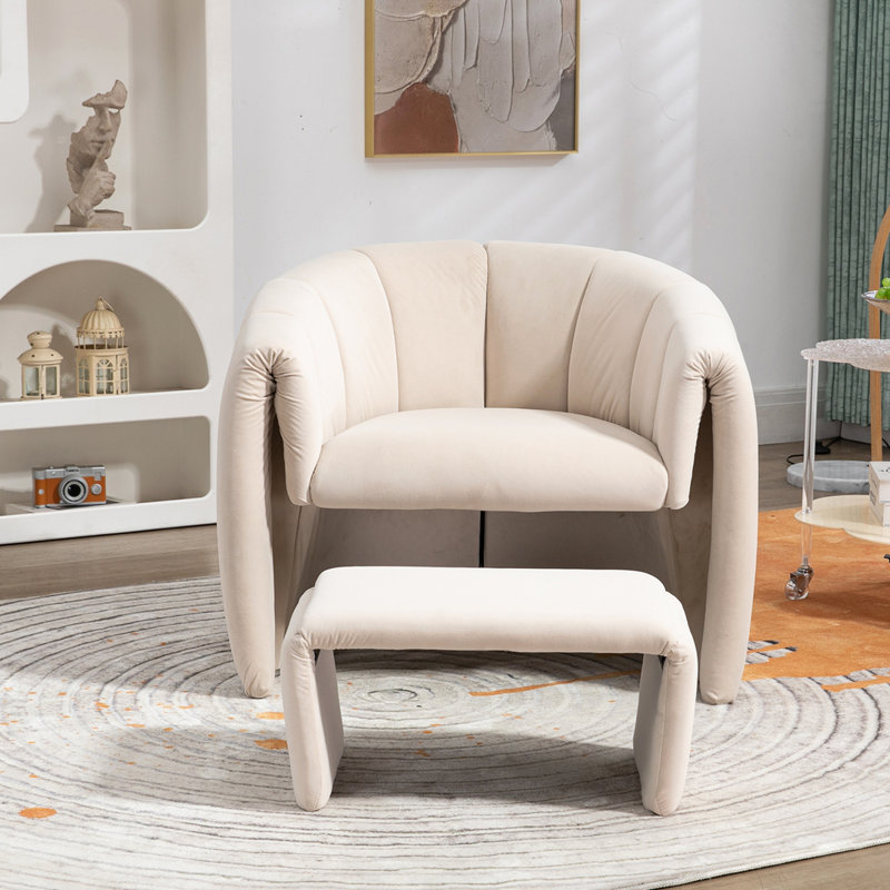Chaise d'appoint Mid-Century moderne avec repose-pieds, Velours beige