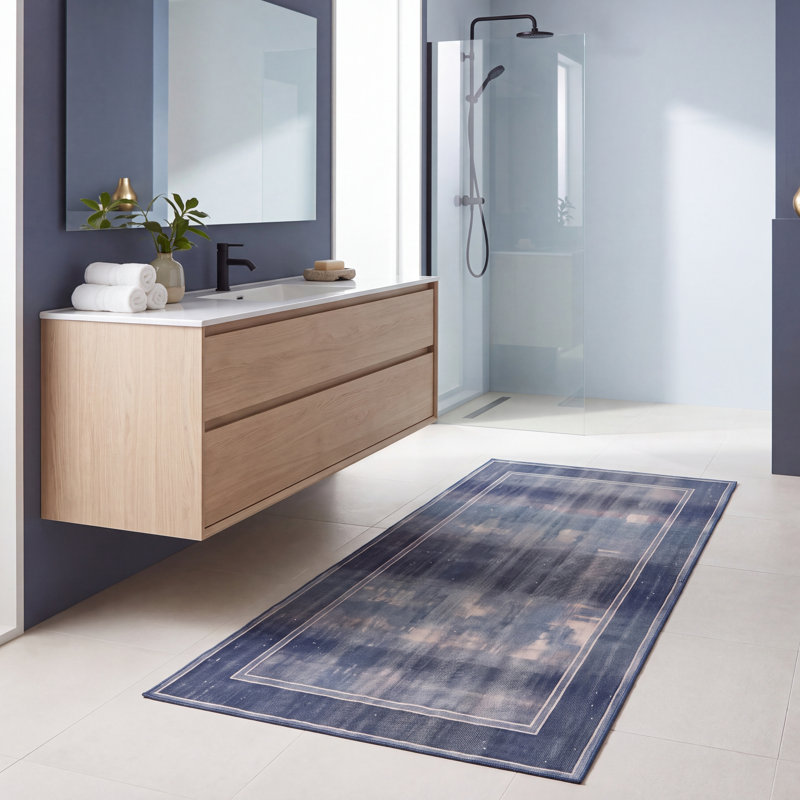 Tapis Fairfax moderne minimaliste à bordure géométrique, bleu marine, turquoise, gris, crème et rose, lavable à la machine, antidérapant, à poils courts, pour l'intérieur et l'extérieur, adapté aux animaux domestiques, idéal pour le salon, la chambre, la salle à manger, l'entrée, le couloir ou le bureau.