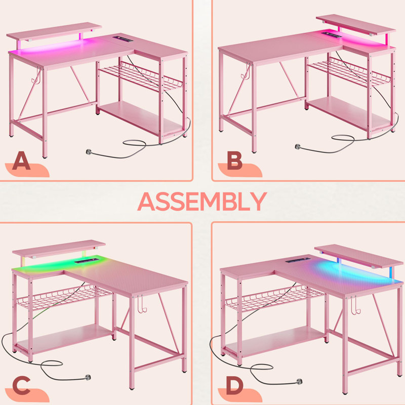 Modular L-Shaped Iron Computer Desk with Built-In Electrical Outlet, Pink/Pink