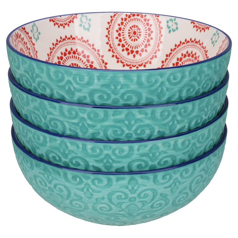 Turquoise and Red Ceramic 24 Ounce Soup and Dessert Bowls, Set of 4