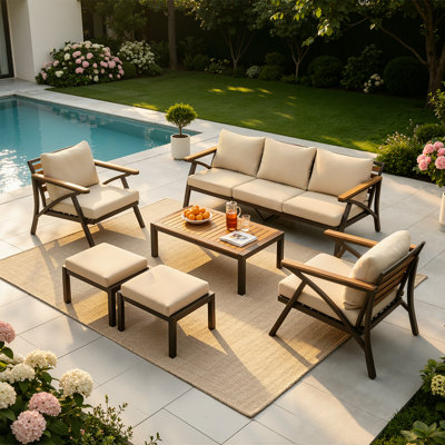 6-Piece Outdoor Patio Conversation Set with Acacia Wood Accents, 3-Seat Sofa, 2 Armchairs, 2 Ottomans & Coffee Table