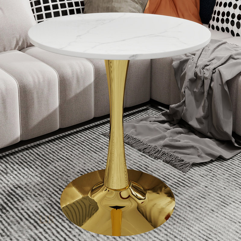 27.6-Inch Mid-Century Modern Gold Coffee Table With White-Veined Marble Top, Ideal For Small Gatherings And Versatile Settings