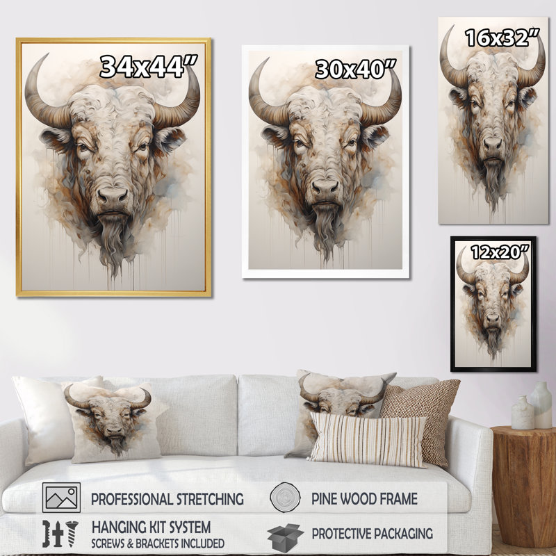 Tête de bison Buffalo III sur toile, H 40 po x l 30 po x P 1,5 po, Cadre simple argenté