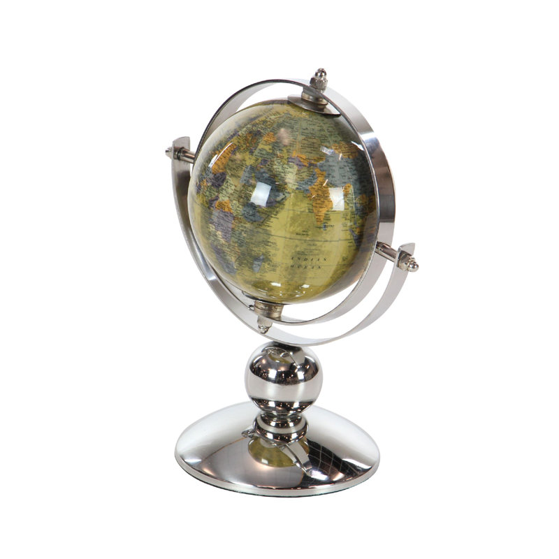 Globe terrestre en acier inoxydable, Vert olive, H 11,2 po x l 9,5 po x P 6,5 po