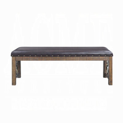 Raphaela Transitional Upholstered Bench With Weathered Cherry Frame, Black Synthetic Leather