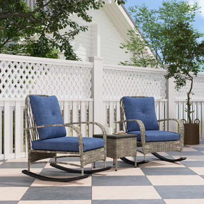 3 Pieces Wicker Patio Furniture Set, PE Rattan Rocking Chairs with Coffee Table, Cushions, Outdoor Bistro Set for Porch, Garden, Poolside