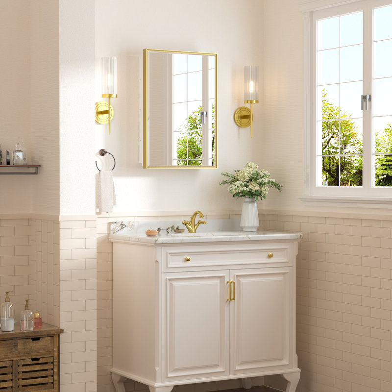 Cyrille Recessed & Surface Framed Medicine Cabinet with Mirror and Shelves, 24" H x 16" W x 5.2" D, Gold/White
