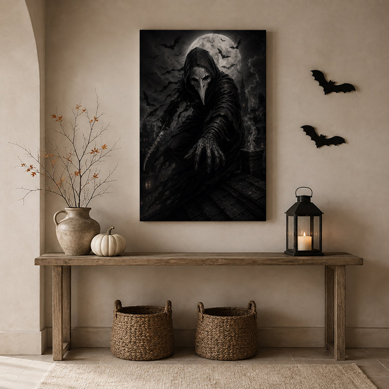«Dark Plague Doctor on Gothic Rooftop Under Full Halloween», art mural sur toile, H 36 po x l 24 po