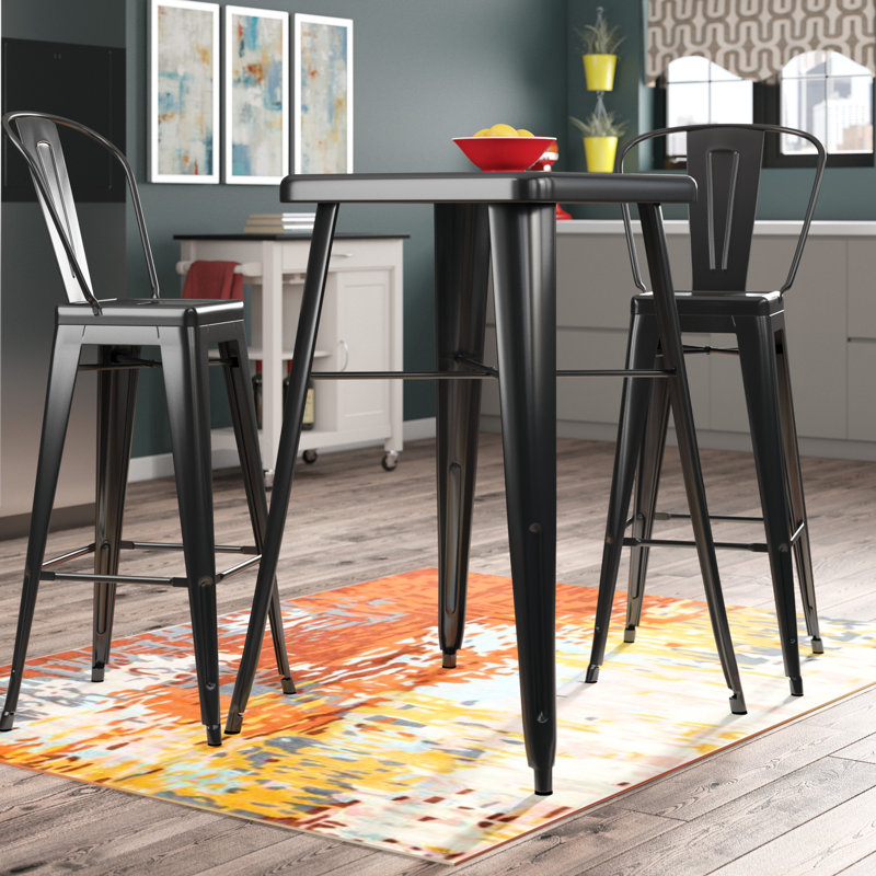 Toquerville Square Metal Indoor-Outdoor Bar Table Set with 2 Stools with Backs, Black
