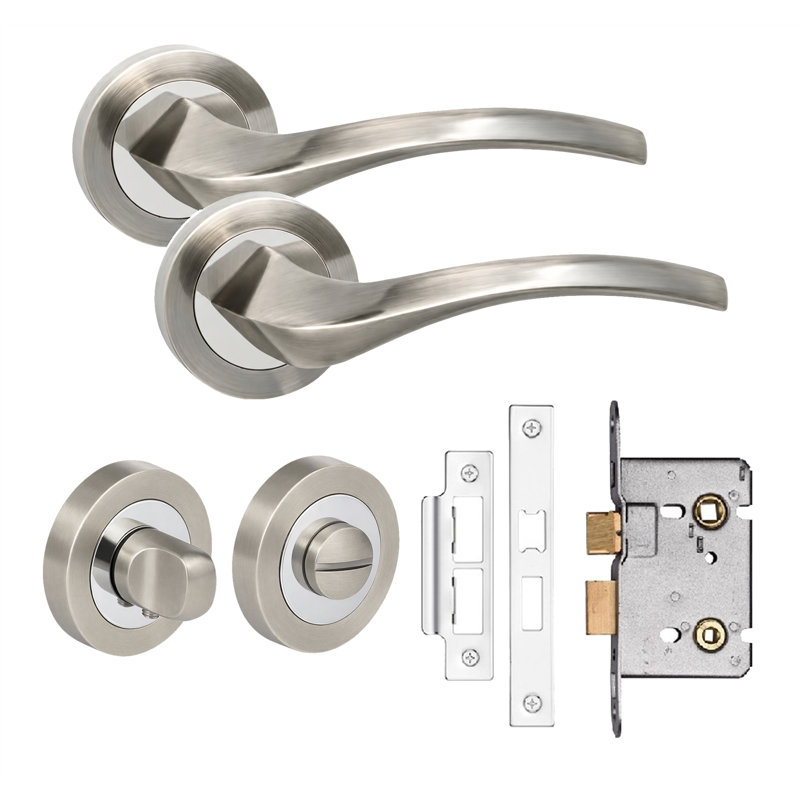 Golden Grace 1 Pair Grove Design Bathroom Door Handles on Round Rose Satin Nickel and Polished Chrome Durable Metal Internal Curved Lever with Thumbturn and Mortise Lock - 52mm